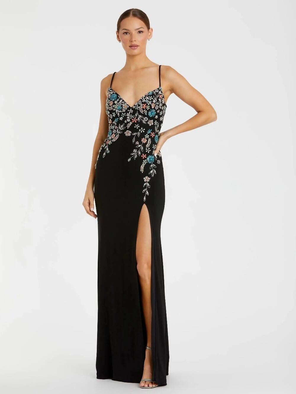 Mac Duggal Black Multi Color Beaded Floral Cami Gown #42006 Size 10
